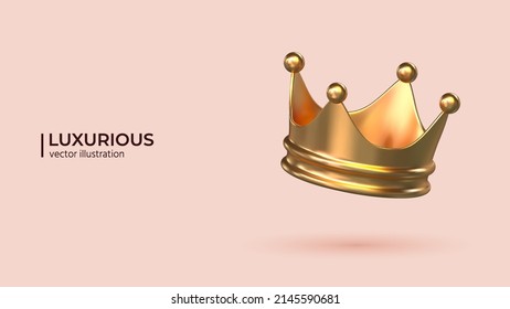 3D Vector Gold royal king crown. Realistic creative conceptual symbol of imperial power. Luxury, wealth and power. Mobile Template Social network. Vector illustration