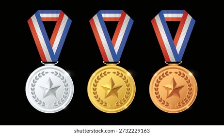 3D Vector Gold, Silver and Bronze Medal Set Isolated on Black Background, Award Medals for Sports Championship, Winner First Second Third Place Trophy Badge Collection