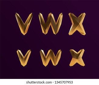 3D Vector Golden Alphabet Font VWX letters for VIP Party Design