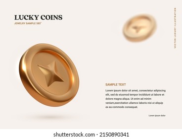3D-Vektorgoldene Münzen auf hellem Hintergrund. Gewinnen Sie Gratulation Illustration für Glücksspiele. Goldener dreidimensionaler Geldbanner mit Beispieltext