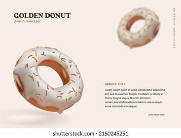 3d vector golden donut with silver icing and golden sprinkling on light background. Gold doughnut realistic design element. Three dimensional realistic banner template.