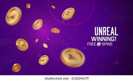 3d vector golden falling coins on dark galactic background. Winning vector illustration. Win congratulations illustration for gambling games