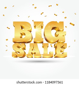 3d vector golden text Big Sale with confetti isolated on white background. Vector illustration for promotion discount sale advertising. 
