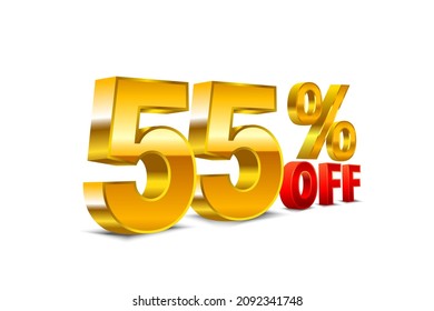3D vector golden yellow text 55 percent off isolated on white background, Vector illustration