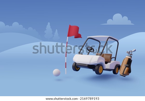 3d Vector of Golf cart, golf bag and\
golf flag, Sport and Game competition\
concept.