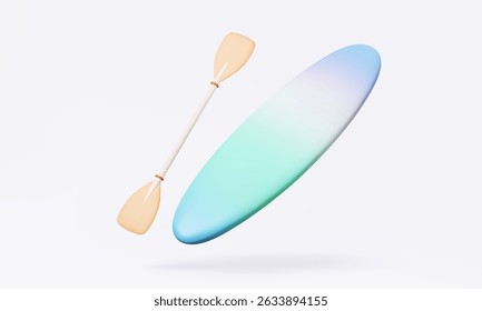 3D vector gradient color surfboard with orange paddle isolated on pastel background. outdoor activity lifestyle holiday relax trip game sport extreme adventure travel summer season. illustration