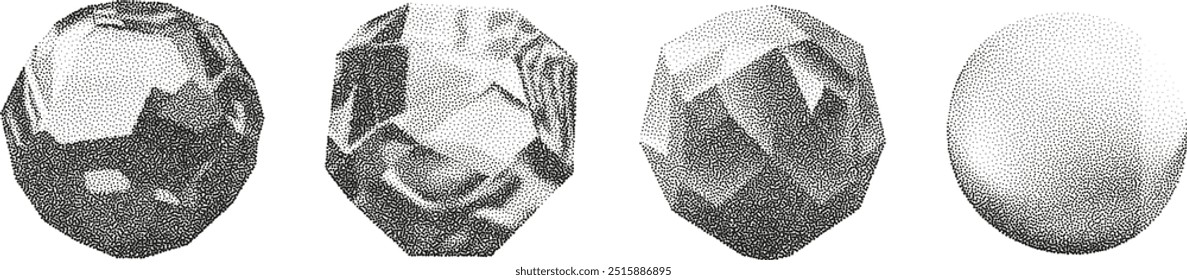 3D vector gradient geometric shapes with noise effect. Cube, cylinder, triangle, rhombus with grainy dot texture.