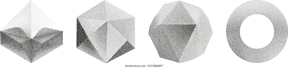3D vector gradient geometric shapes with noise effect. Cube, cylinder, triangle, rhombus with grainy dot texture.