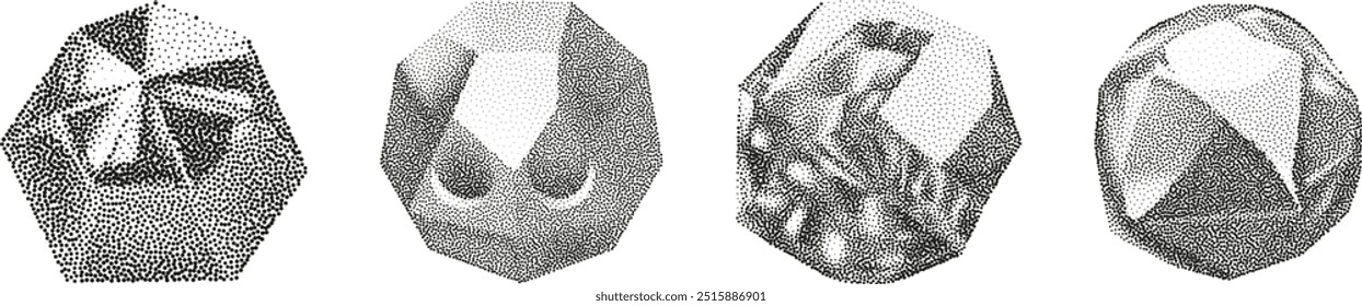 3D vector gradient geometric shapes with noise effect. Cube, cylinder, triangle, rhombus with grainy dot texture.