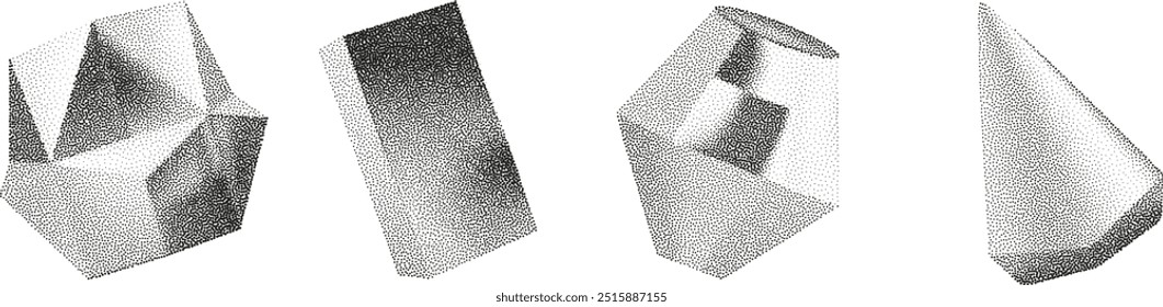 Formas geométricas de gradiente do vetor 3D com efeito de ruído. Cubo, cilindro, triângulo, losango com textura de pontos granulados.
