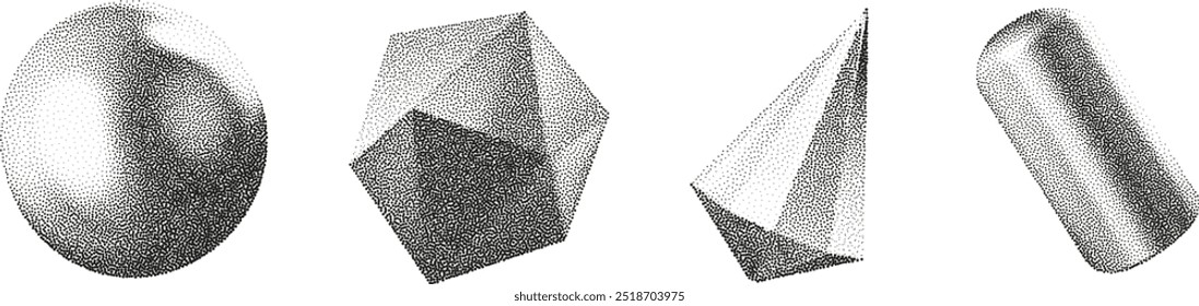 Formas geométricas de gradiente de Vector 3D con efecto acústico. Cubo, cilindro, triángulo, rombo con textura de punto granulado.