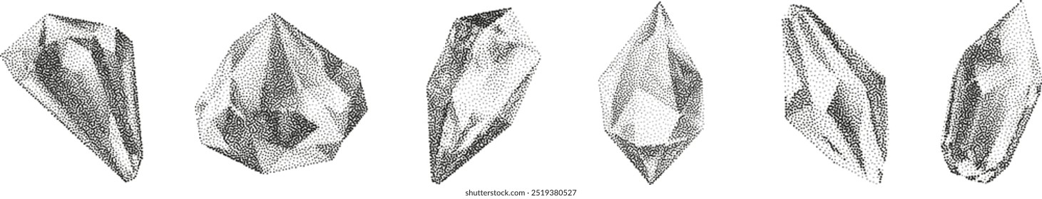 3D vector gradient geometric shapes with noise effect. Cube, cylinder, triangle, rhombus with grainy dot texture.