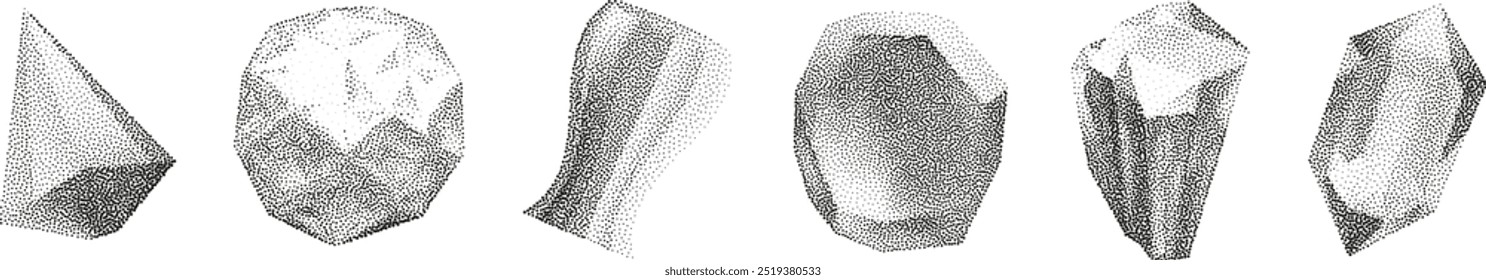 Formas geométricas de gradiente de Vector 3D con efecto acústico. Cubo, cilindro, triángulo, rombo con textura de punto granulado.