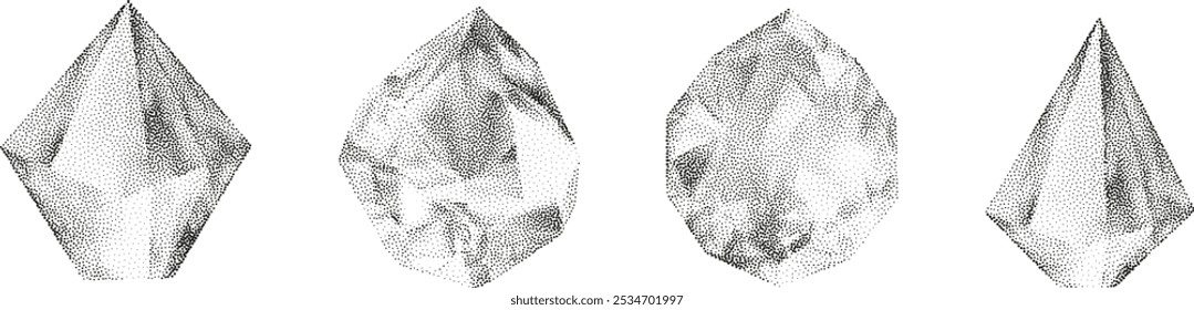 3D vector gradient geometric shapes with noise effect. Cube, cylinder, triangle, rhombus with grainy dot texture.