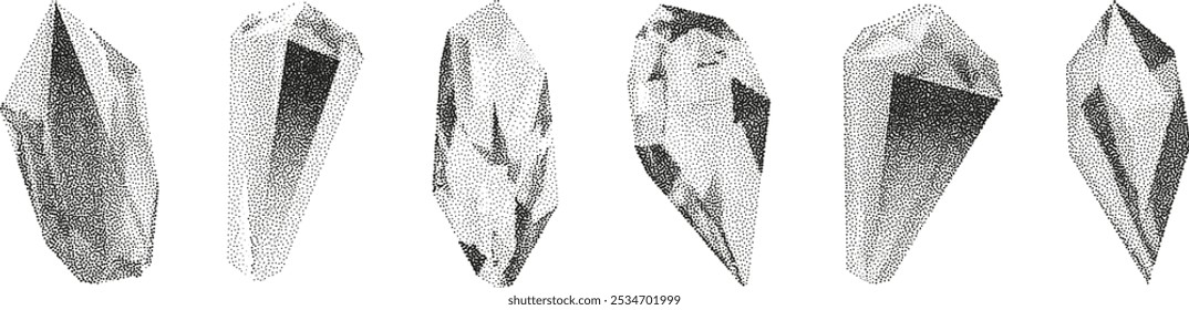 3D vector gradient geometric shapes with noise effect. Cube, cylinder, triangle, rhombus with grainy dot texture.