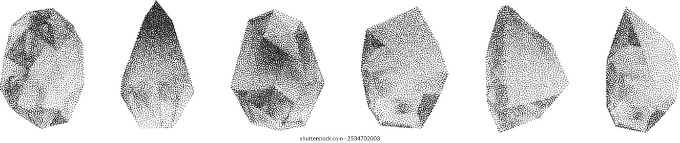 Formas geométricas de gradiente do vetor 3D com efeito de ruído. Cubo, cilindro, triângulo, losango com textura de pontos granulados.