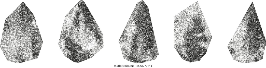 Formas geométricas de gradiente do vetor 3D com efeito de ruído. Cubo, cilindro, triângulo, losango com textura de pontos granulados.