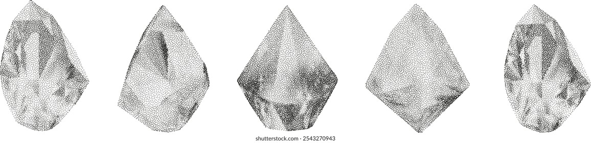 3D vector gradient geometric shapes with noise effect. Cube, cylinder, triangle, rhombus with grainy dot texture.