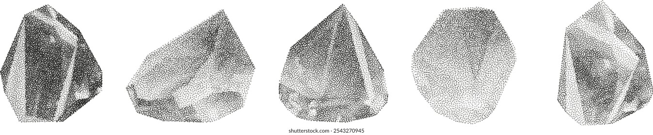 Formas geométricas de gradiente do vetor 3D com efeito de ruído. Cubo, cilindro, triângulo, losango com textura de pontos granulados.