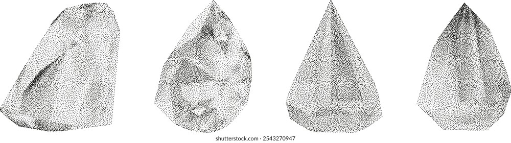 3D-Vektorgradienten geometrische Formen mit Rauscheffekt. Würfel, Zylinder, Dreieck, Rhombus mit körniger Punktstruktur.