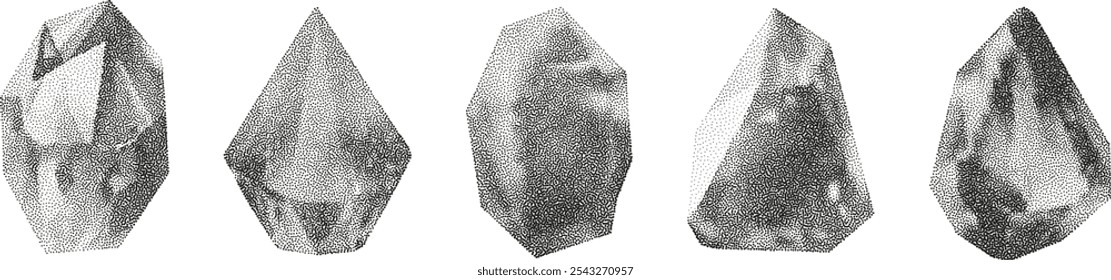 Formas geométricas de gradiente do vetor 3D com efeito de ruído. Cubo, cilindro, triângulo, losango com textura de pontos granulados.