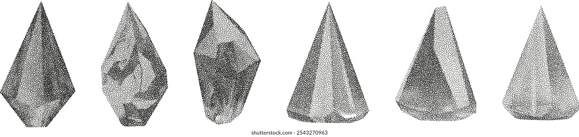 3D vector gradient geometric shapes with noise effect. Cube, cylinder, triangle, rhombus with grainy dot texture.