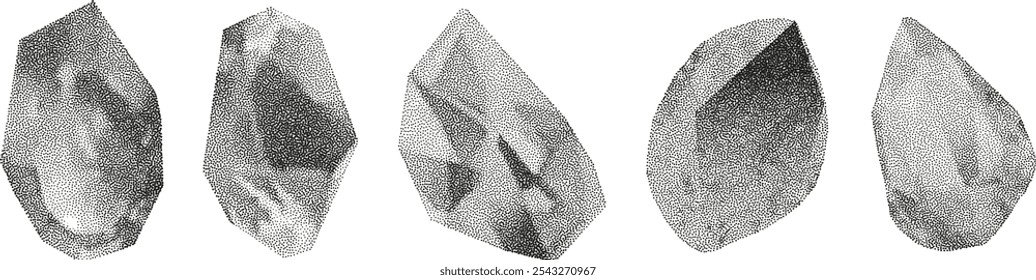 3D vector gradient geometric shapes with noise effect. Cube, cylinder, triangle, rhombus with grainy dot texture.