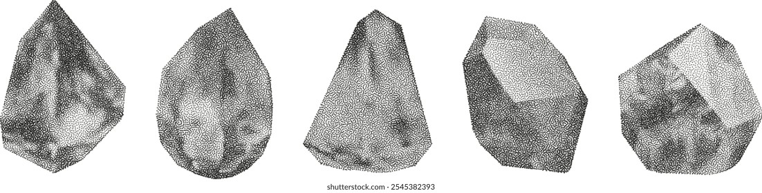 3D vector gradient geometric shapes with noise effect. Cube, cylinder, triangle, rhombus with grainy dot texture.