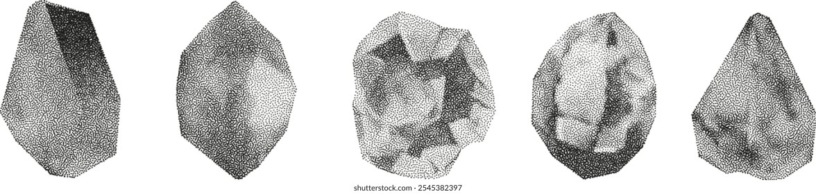 Formas geométricas de gradiente do vetor 3D com efeito de ruído. Cubo, cilindro, triângulo, losango com textura de pontos granulados.