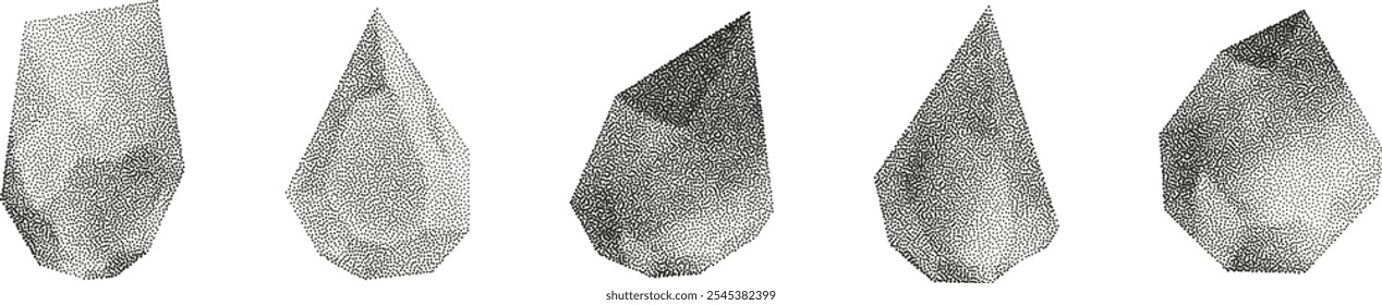 3D vector gradient geometric shapes with noise effect. Cube, cylinder, triangle, rhombus with grainy dot texture.