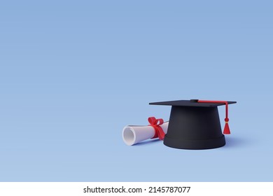 3d Vector Graduate cap with diploma on blue, student and education concept. Eps 10 Vector