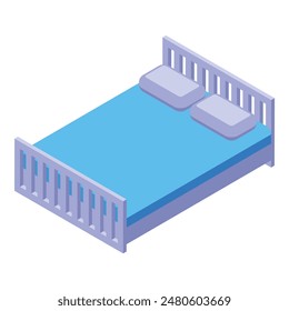 3d vector graphic of a modern isometric double bed with two pillows, in soft colors