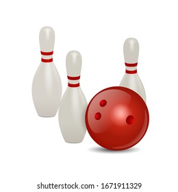 3d vector graphics. Bowling ball and pins isolated on white background.