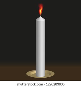 3D vector graphics. Candle in a gold stand isolated on a dark background.