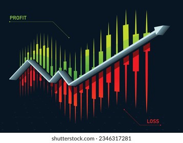 3D Vector graphics of a candlestick chart with an arrow going in upward direction showing a trend of growth or progress. Red lines show loss and green lines show profit. Trading vector for videos