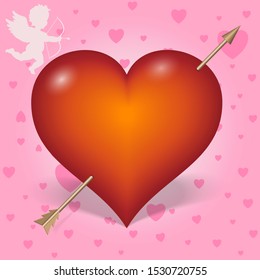 3d vector graphics. Heart pierced by a cupid's arrow isolated on a pink background.