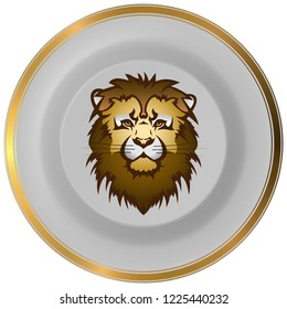 3D vector graphics. Plate with the image of a lion isolated on white background.