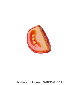 3d Vector graphics of a ripe red tomato with peel and seeds, cut in half on a white background. Cartoon 3d style, perfect for organic or vegetarian branding.