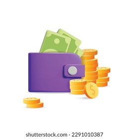 3d vector great investment growth profit banner mockup with purple money wallet and stack go gold coins and green paper dollar currency bills design