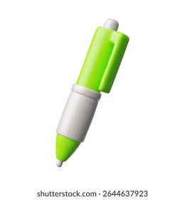 3d vector of green ballpoint pen in cartoon plastic style. School education, stationery, office work theme. Writing, note taking tool. Icon illustration. Isolated background. Render.