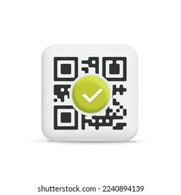 3d vector green check mark symbol on black square qr code ui element icon for mobile app. Cartoon render for website landing page , promotion, done payment illustration