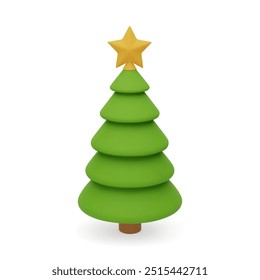 Árbol de Navidad verde Vector 3d con estrella amarilla en la parte superior. Elemento simple del diseño del año Nuevo aislado en el fondo blanco.