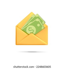 Tres d billetes de dólares verdes vectoriales dentro de la ilustración de diseño de sobre amarillo abierto. Enviar, donar dinero en línea, por correo electrónico, idea de correo. Ahorro, ganancia, concepto salarial aislado en el fondo blanco.
