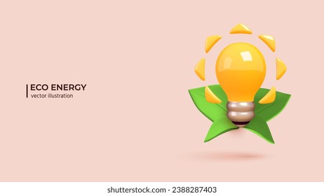 3d Vector Green Energy Concept. Realistic 3d design of Cutty Light bulb with Green Leaves. Clean Energy, Environmental Alternative Energy in cartoon minimal style. 3D Vector illustration