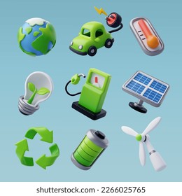 3d Vector Green Energy icon set, Green Energy, Clean Energy, Environmental Alternative Energy Concept. Eps 10 Vector.