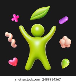 A 3D vector green person stands with arms raised, surrounded by various colorful shapes. These include a heart, plus sign, pill shape, spiral, green leaf.