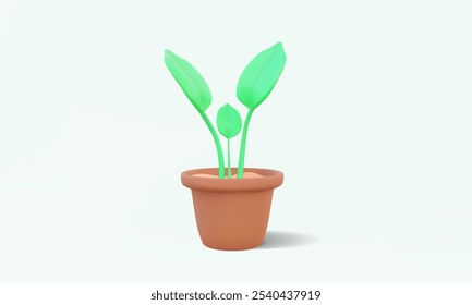 3D vector Green plant in a pot brown isolated on white background. tree leaf flower nature environment growth garden sprout, interior house design. Eps 10 vector. 3d render illustration