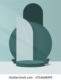 3d vector green podium background with geometric podium Leaf shadow on the floor. Platforms shapes for product presentation minimal Abstract composition design, showcase, copy space