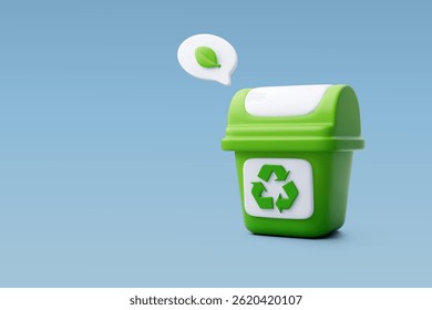 3d Vector Green Trash bin or basket with speech and leaf , Recycle waste and global warming concept. Eps 10 Vector.