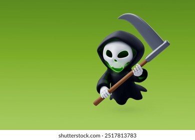 Vector 3D Grim reaper sosteniendo guadaña, personaje de Halloween, concepto de festival de Halloween feliz. Vector Eps 10.